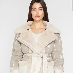 Vegan Leather and Plush Puffer Jacket with Belt
